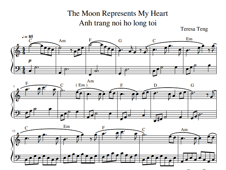 Teresa Teng - Ánh trăng nói hộ lòng tôi ( The Moon Represents My Heart)  sheet music for piano